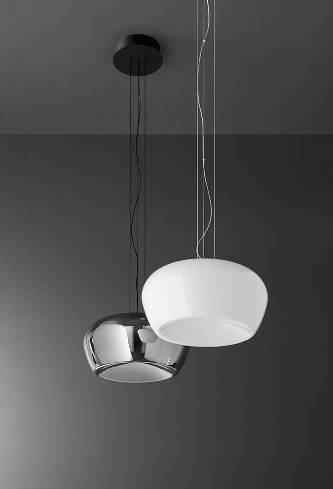 Perenz Kave – sospensione Ø 38 cm in vetro bianco lucido / fumé specchiato
