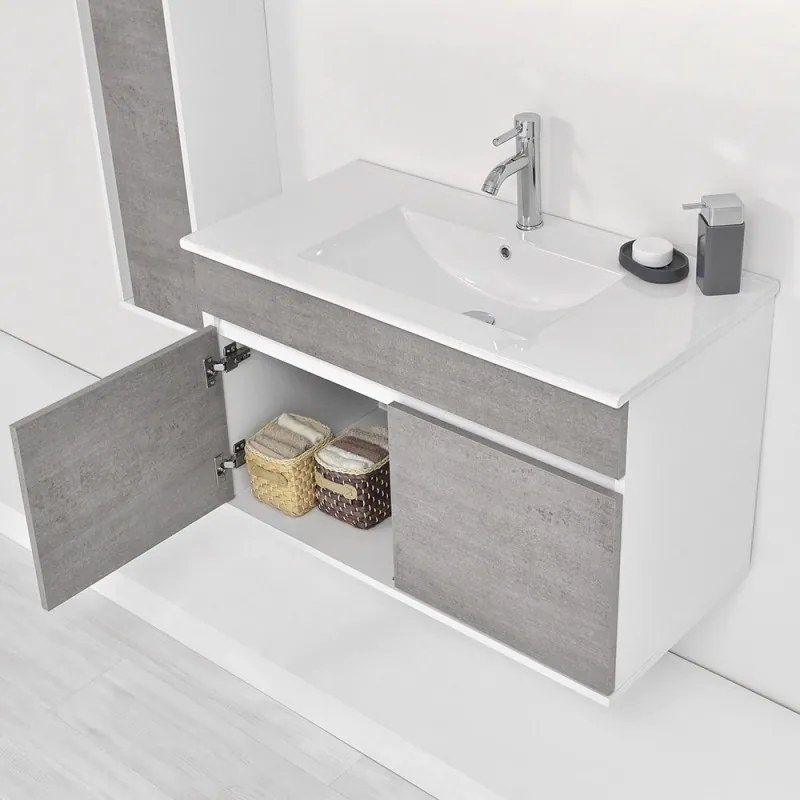 Mobile bagno sospeso da 90 Duble grigio industrial con lavabo e specchio