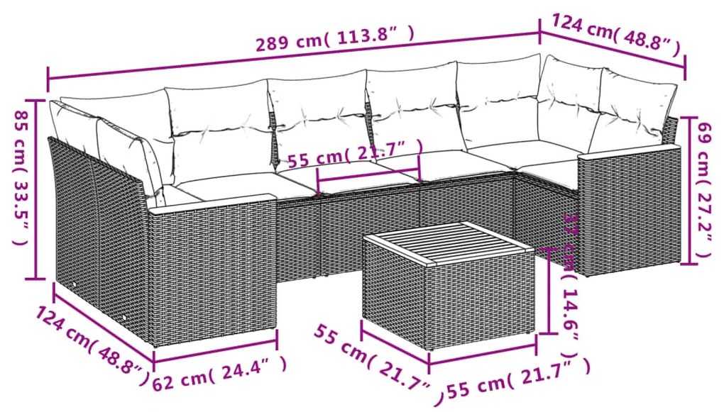 Set Divano da Giardino 8 pz con Cuscini Grigio in Polyrattan