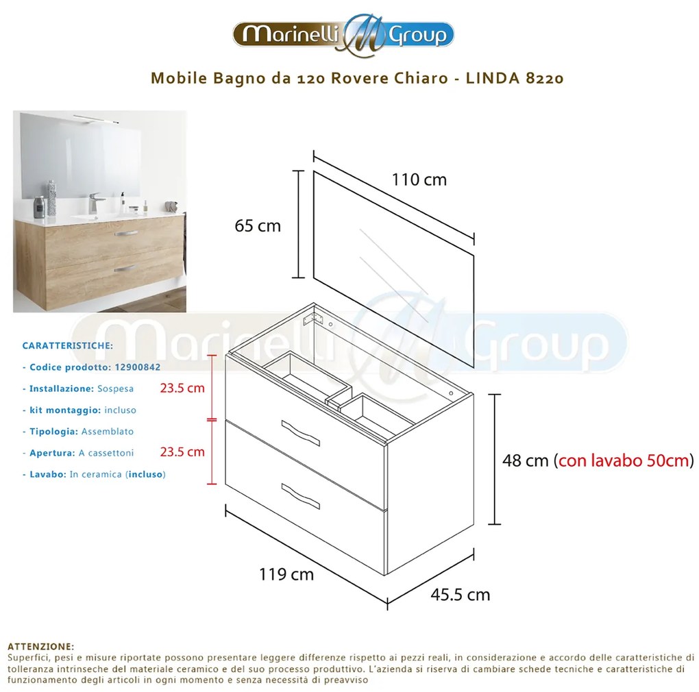 Mobile bagno LINDA120 Rovere Chiaro 8220 con lavabo in ceramica - CON LUCE LED