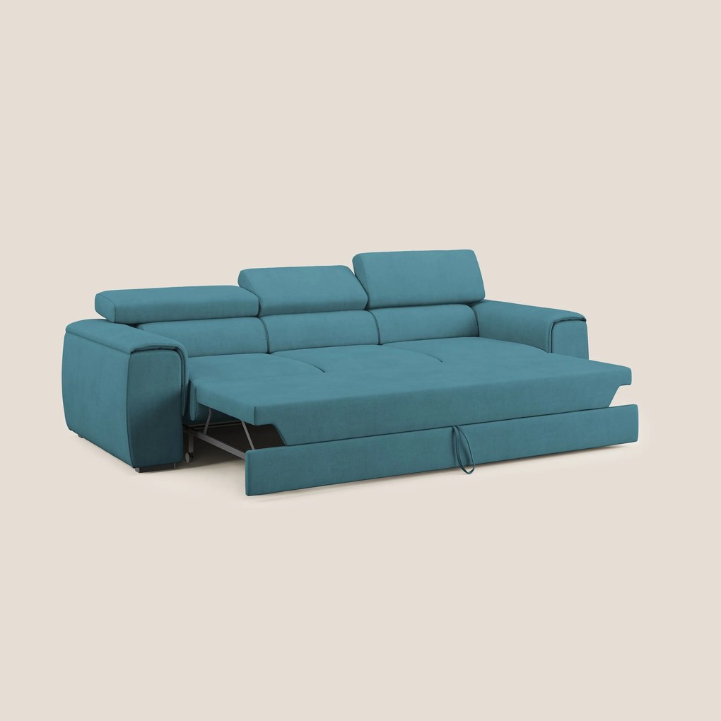 Zeno Divano con pouf estraibile poggiapiedi a 3 sedute in tessuto morbido impermeabile T02 azzurro