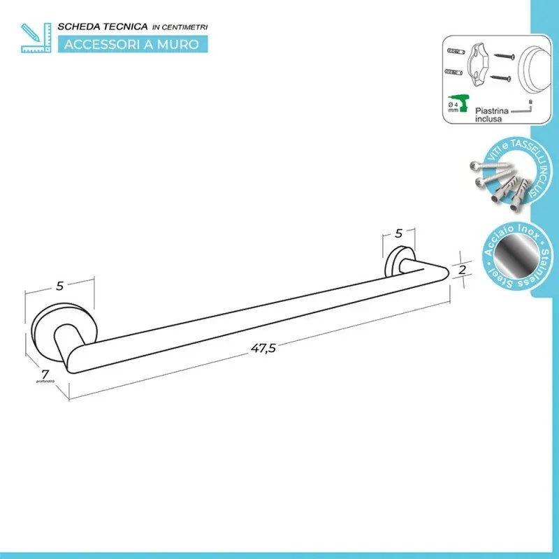 Porta asciugamani a muro 50 cm in acciaio inox satinato Galassia