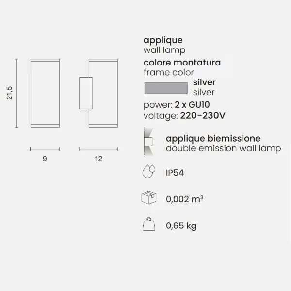 Applique per esterni 9x12 cm JUBO in alluminio Silver con diffusore in vetro