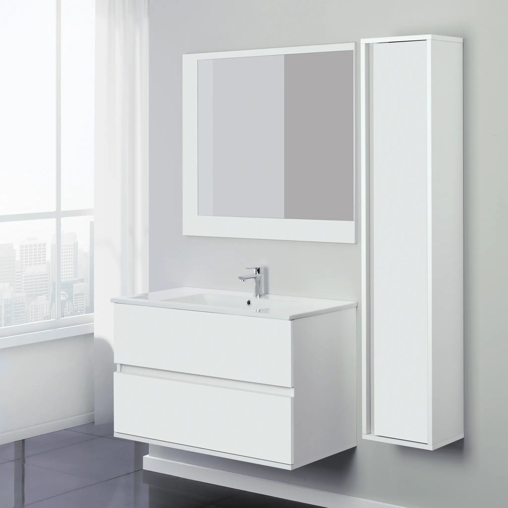 Mobile Bagno Sospeso 90 Cm Due Cassetti Specchio Su Pannello 90x80 Cm Feridras "Fabula" Bianco Opaco/Bianco Lucido