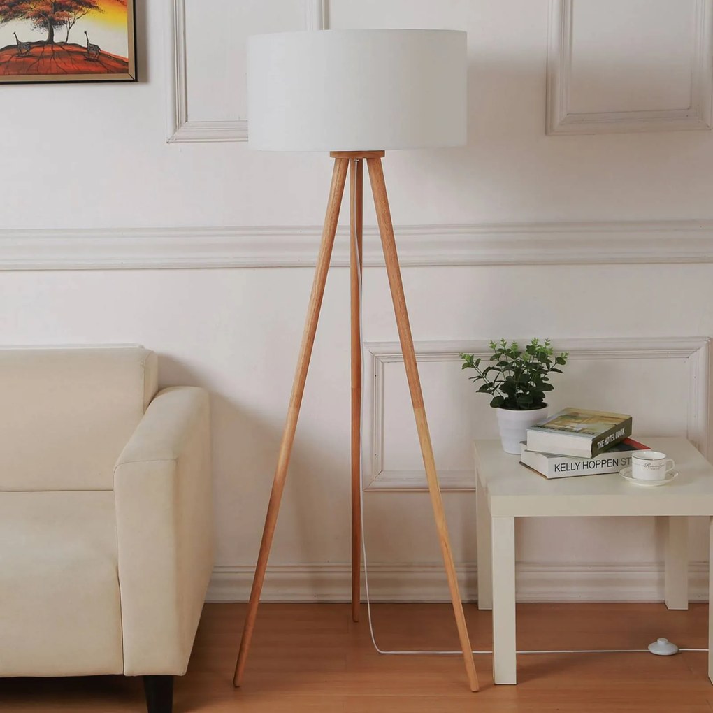 Lampada da terra Lindby Charlia, bianco, legno, altezza 150cm