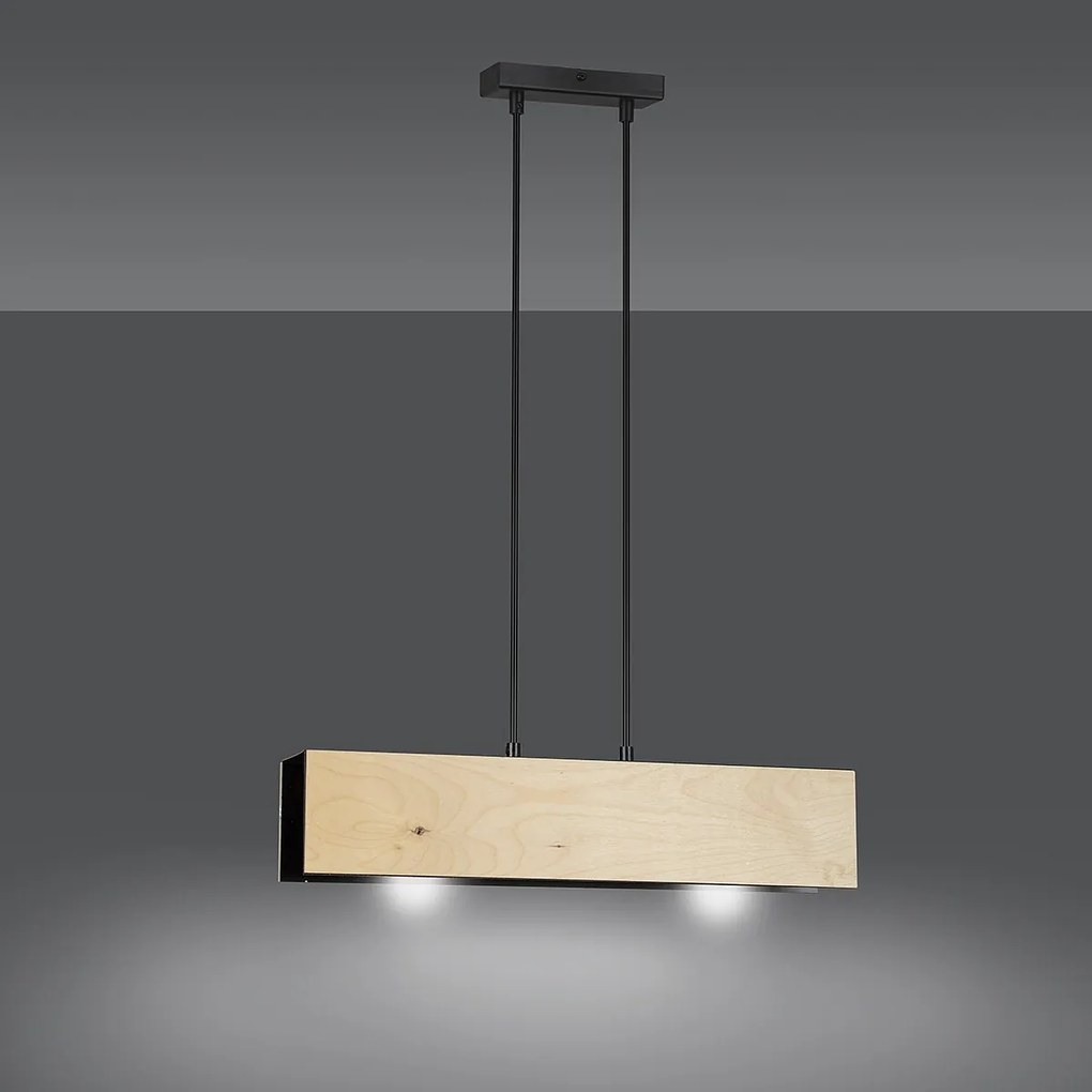 Lampadario 2 Luci Carlo In Acciaio Nero Corpo Rettangolare E Legno Naturale