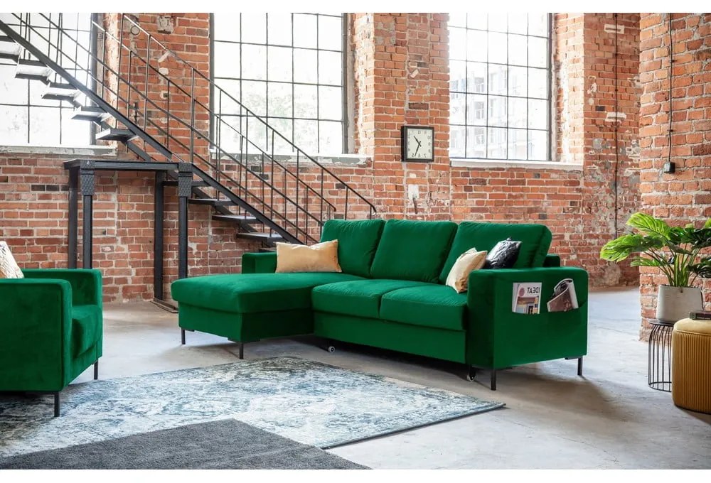 Divano letto angolare in velluto verde, angolo sinistro Lofty Lilly - Miuform