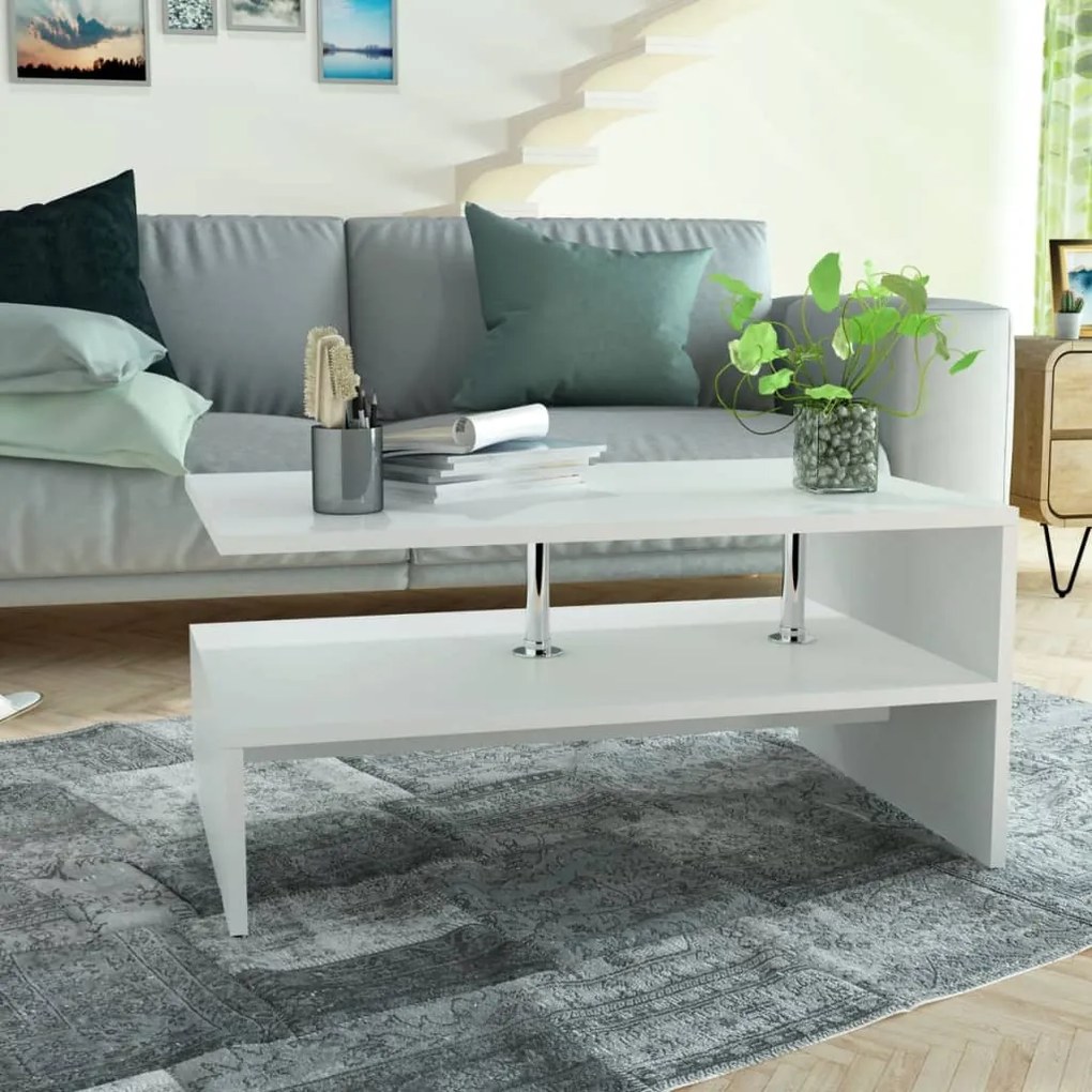 Tavolino Da Salotto İn Legno Multistrato 90x59x42 Cm Bianco /