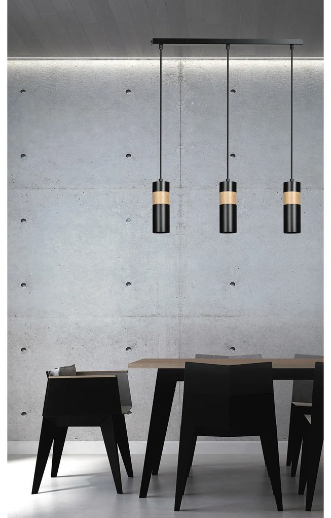 Lampadario 3 Luci Change In Acciaio Nero A Cilindro Con Legno Naturale