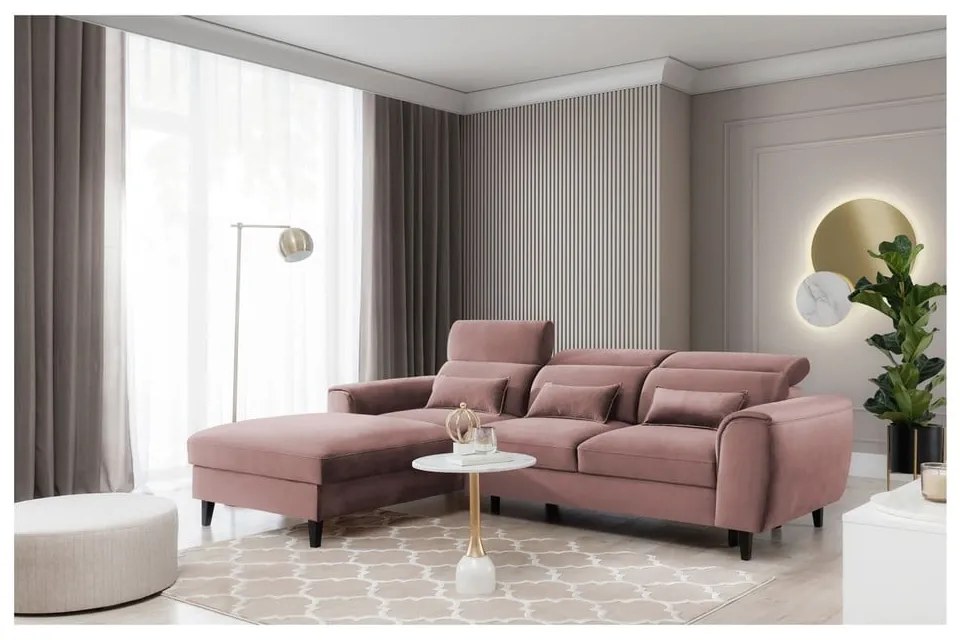Divano angolare rosa allungabile/con contenitore (con penisola a sinistra/con chaise lounge) e rivestimento in velluto Foble – ELTAP
