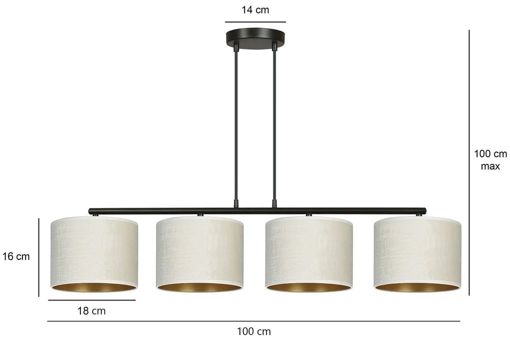 Lampadario 4 Luci Hilde In Acciaio Nero E Paralumi In Tessuto Beige