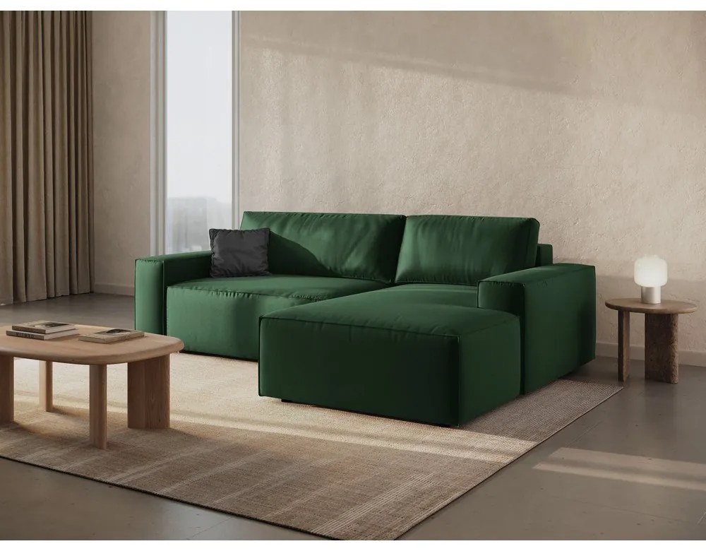 Divano angolare verde scuro allungabile/con contenitore (con penisola a destra/con chaise lounge) con rivestimento in velluto Jodie – Micadoni