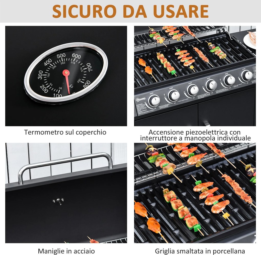 Barbecue a Gas GPL 7 Fuochi 135x50x100 cm con Fornello Laterale Nero...