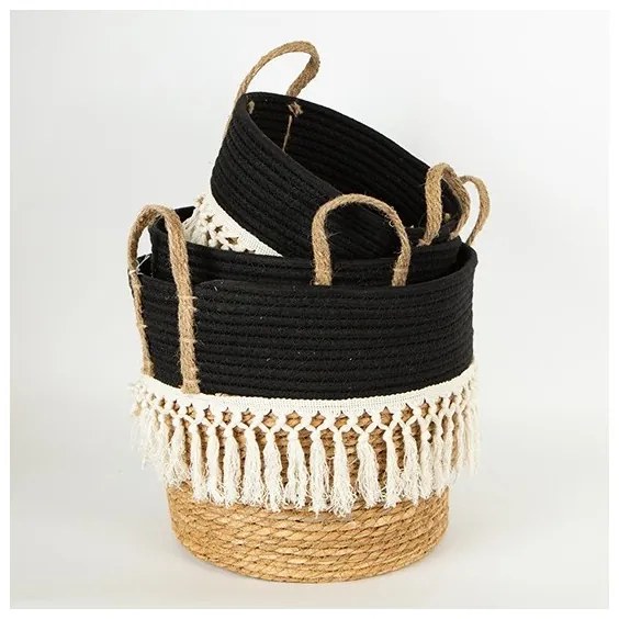 SET 3x Cestino di paglia beige/nero/bianco 25x17x23/28x22x25/35x28x30 cm