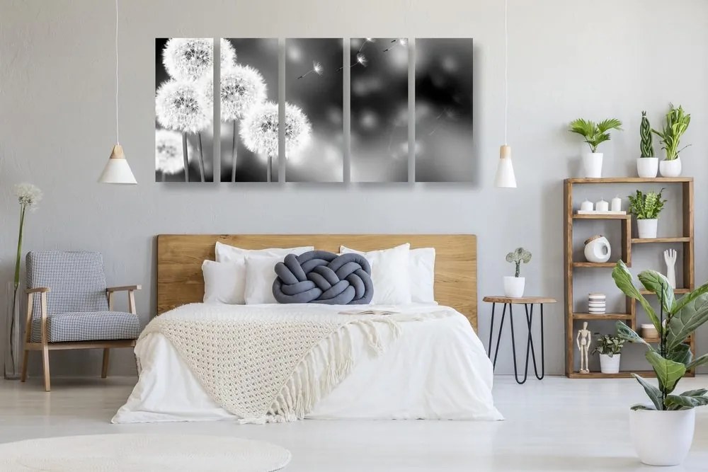 Quadri 5 pezzi – Dente di leone soffice in bianco e nero