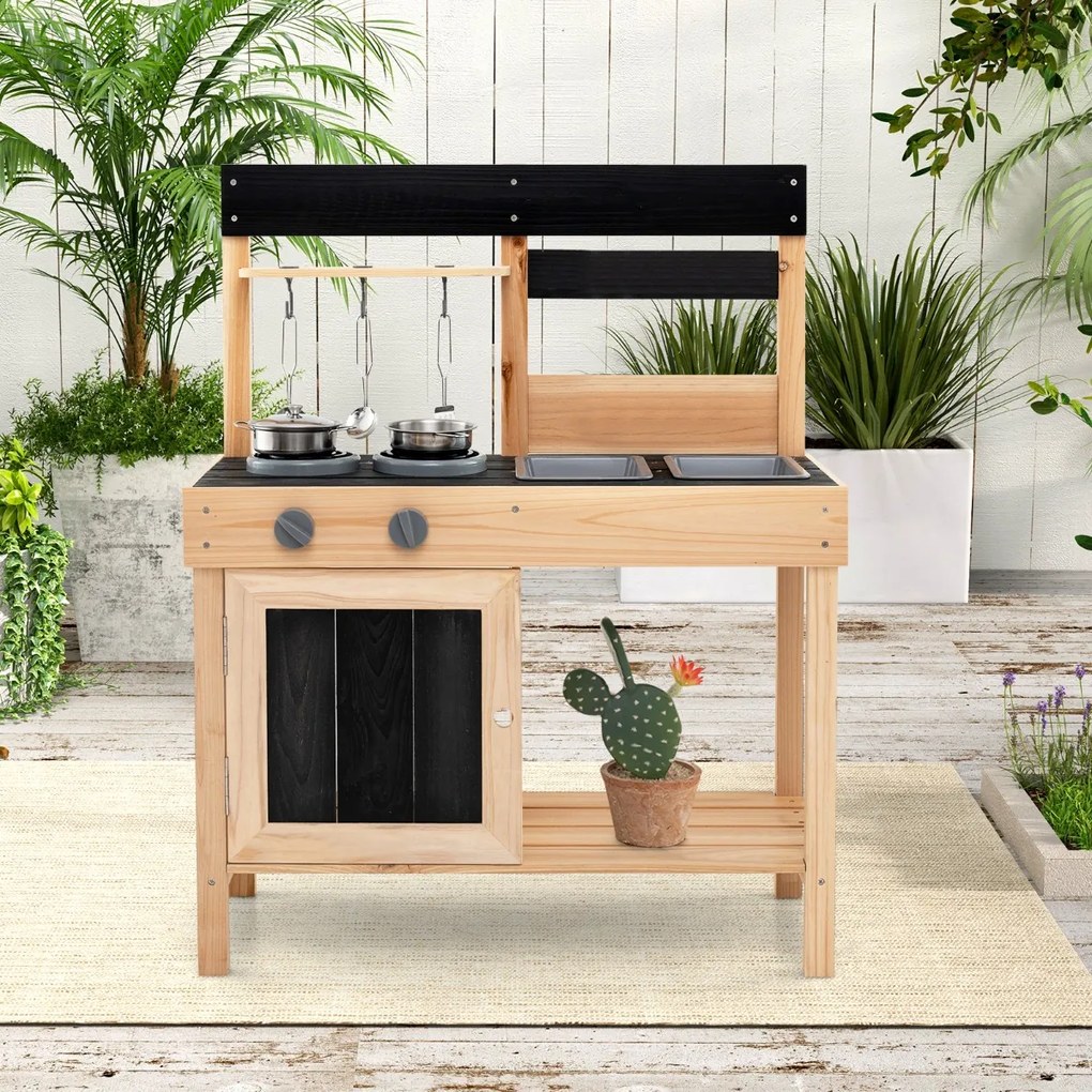 Costway Cucina da esterno per bambini con 2 lavandini removibili rubinetto, Set da cucina per bambini da cucina con spazio Naturale