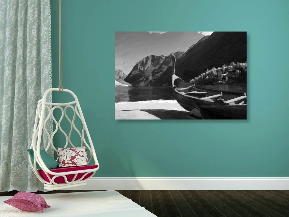Quadro su tela – Nave vichinga di legno in bianco e nero
