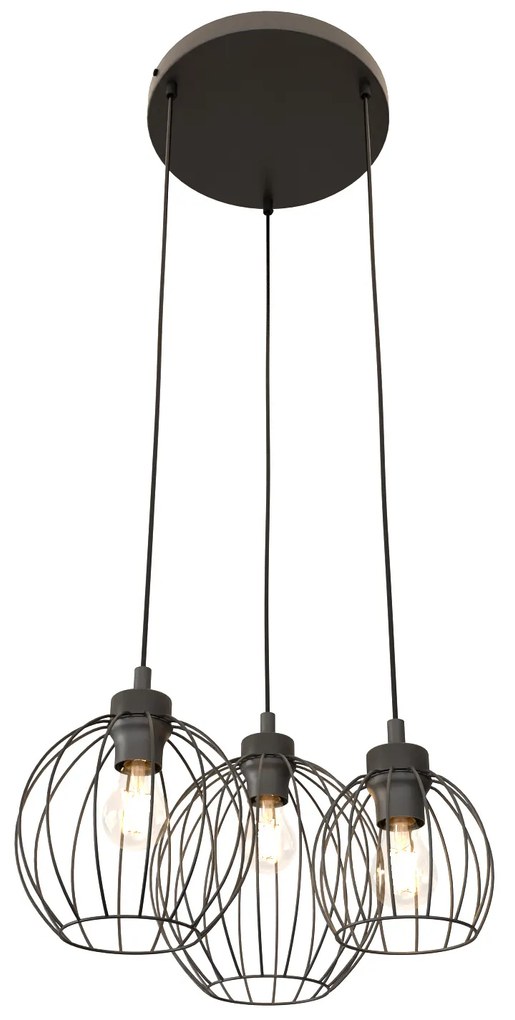 Sospensione Minimal Industrial Hathor 3 Luci Tonda Nera