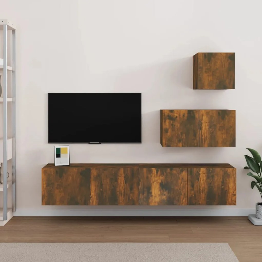 Set di mobili porta tv 4 pz rovere fumo in legno multistrato