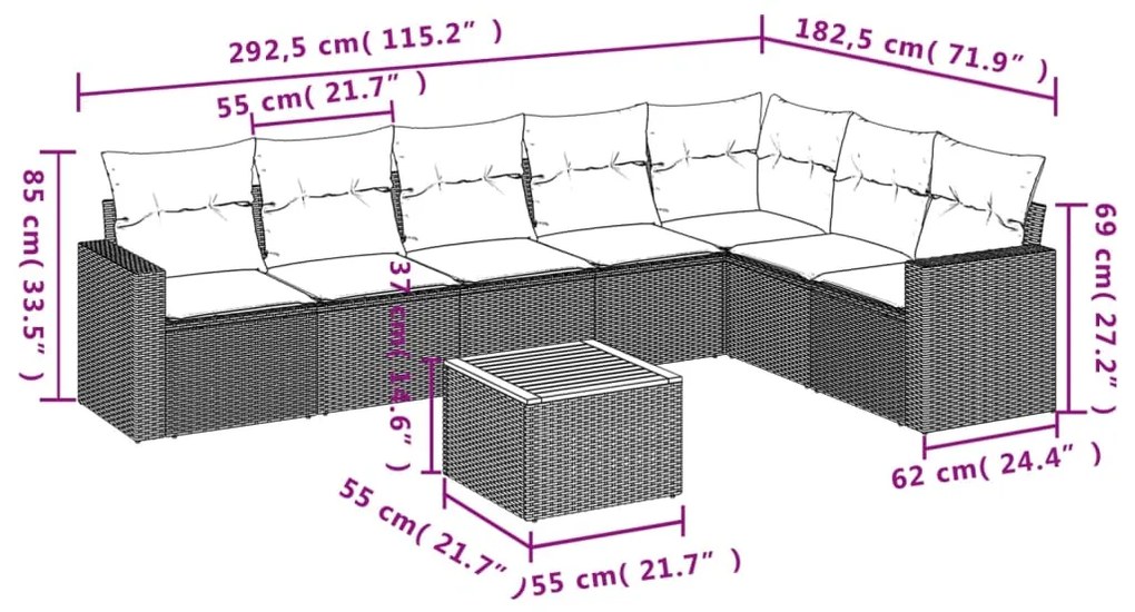 Set Divano da Giardino 8 pz con Cuscini Grigio in Polyrattan