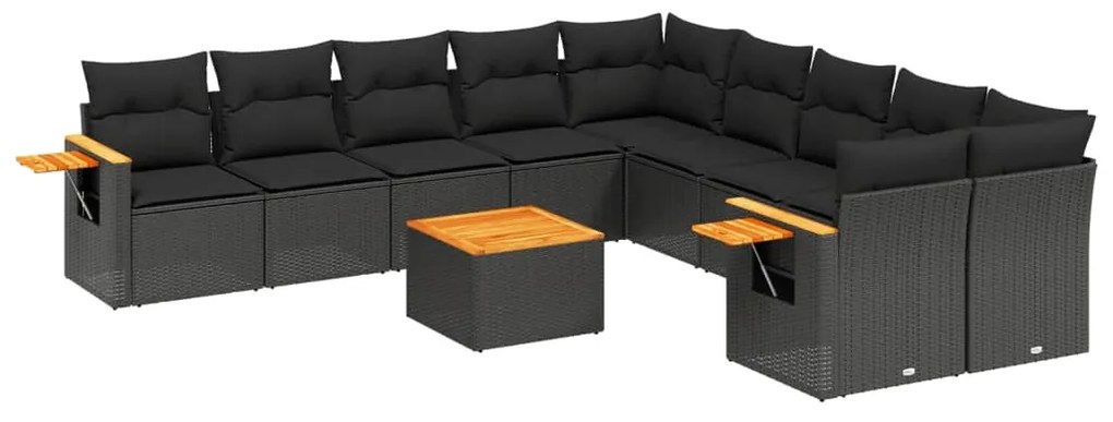 Set divani da giardino 11 pz con cuscini in polyrattan nero