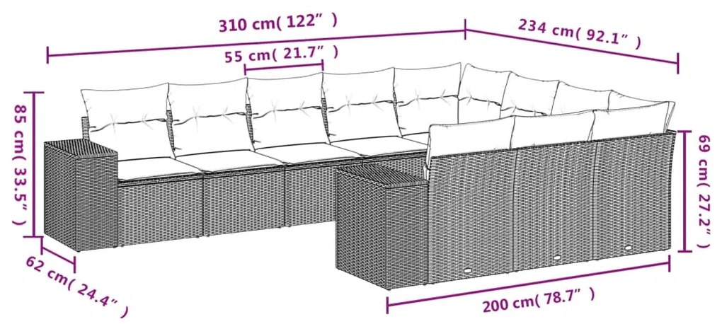 Set Divano da Giardino 10 pz con Cuscini Beige in Polyrattan