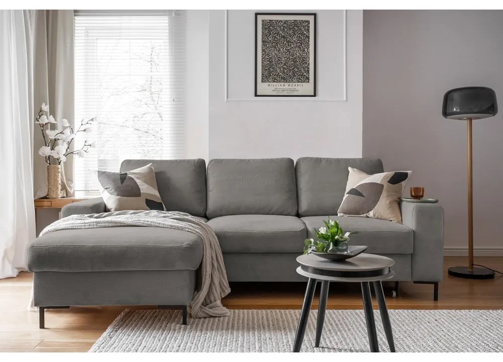 Divano letto in velluto a coste grigio (angolo sinistro) Lofty Lilly - Miuform
