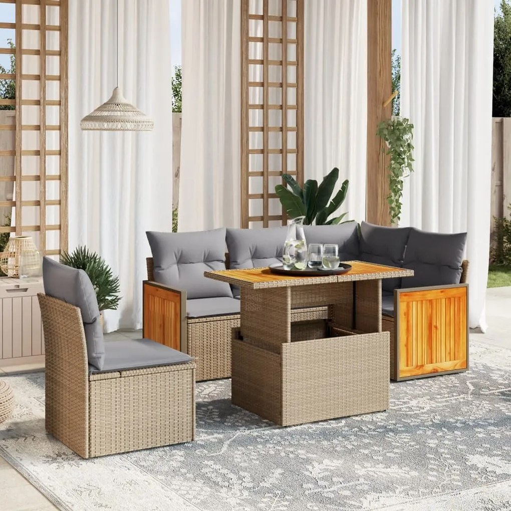 Set divano da giardino 6 pz con cuscini beige in polyrattan