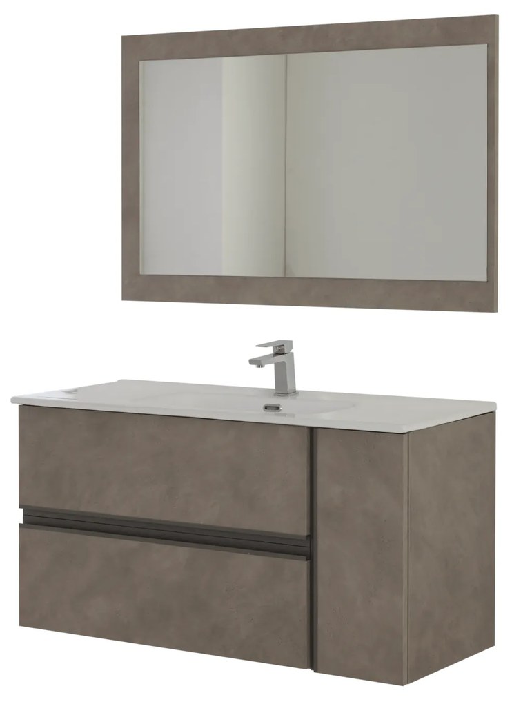 Mobile Bagno Sospeso 110 Cm Due Cassetti Un Anta Specchio Su Pannello 110x70 Cm Feridras "Oxid" Beton Cenere