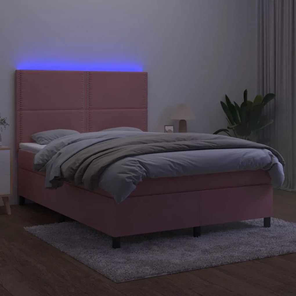 Letto a Molle con Materasso e LED Rosa 140x190 cm in Velluto