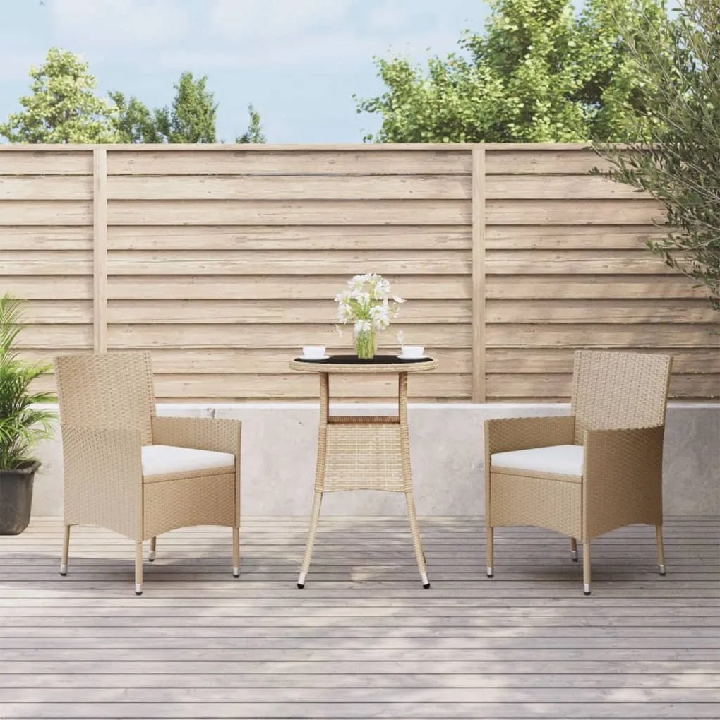 Set da bistrò da giardino 3 pz con cuscini beige in polyrattan