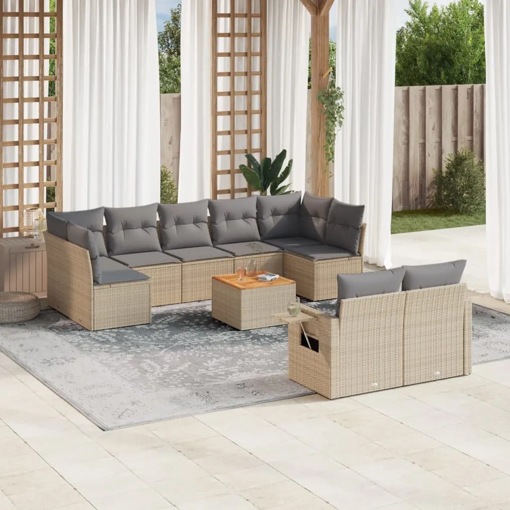 Set Divano da Giardino 10 pz con Cuscini Beige in Polyrattan