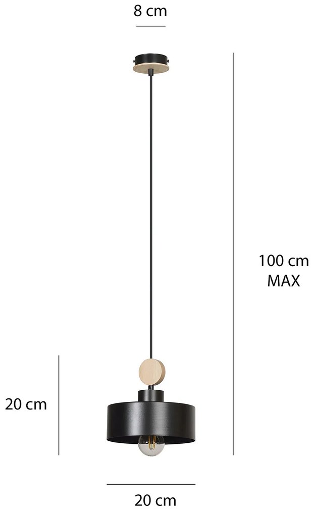 Sospensione 1 Luce Zhurong In Acciaio Nero E Legno Naturale