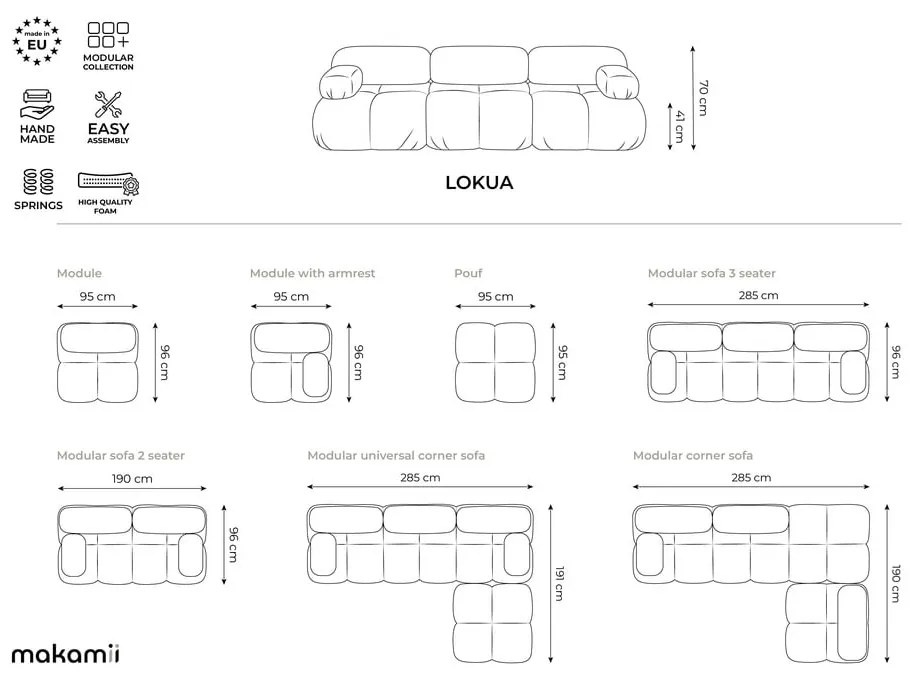 Divano angolare componibile verde chiaro (con penisola a destra) con rivestimento in velluto Lokua – Makamii