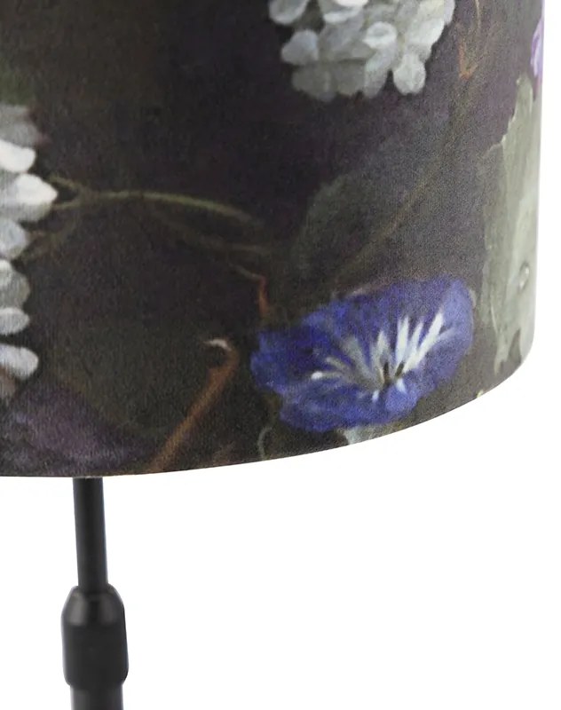 Lampada da tavolo nera con paralume in velluto con fiori e oro 25 cm - Parte