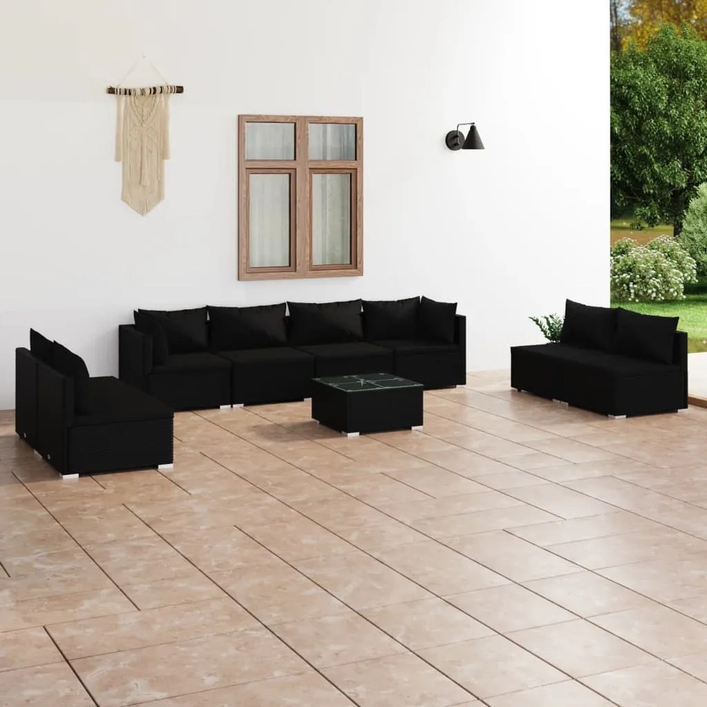 Set Divani da Giardino 9 pz con Cuscini in Polyrattan Nero