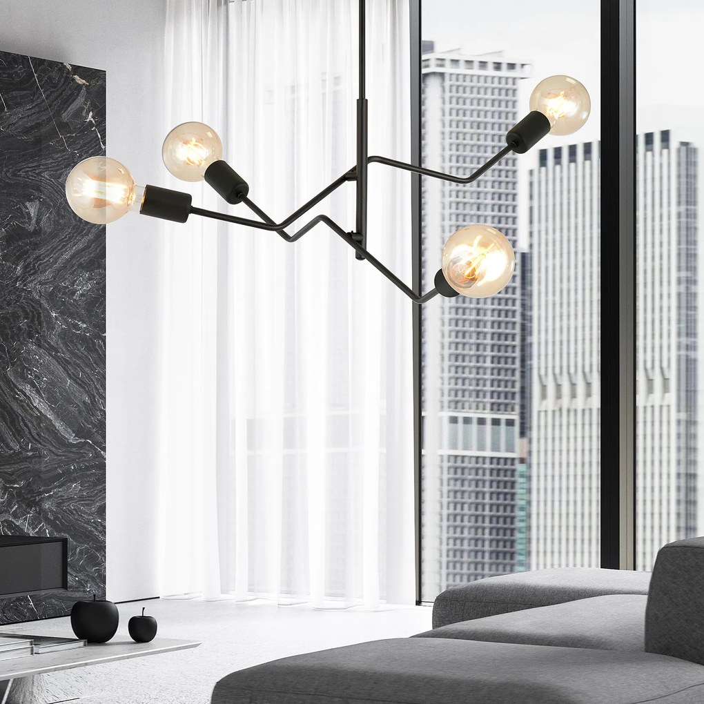 Sospensione Industrial 4 Luci Febe In Acciaio Nero E Bracci Regolabili