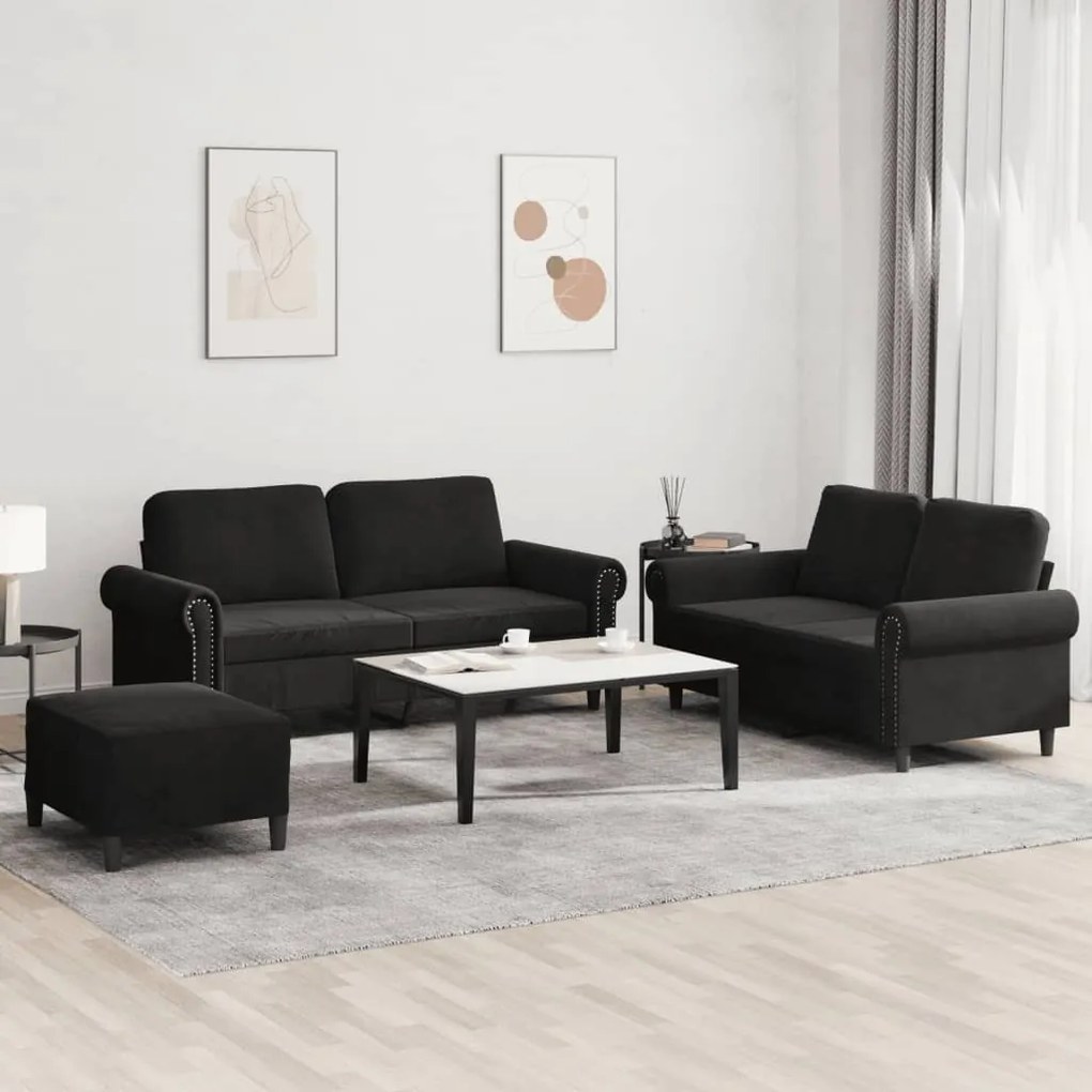 Set Di Divani 3 Pz Con Cuscini Nero İn Velluto /