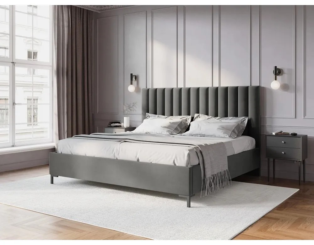 Letto matrimoniale imbottito grigio con contenitore con griglia 140x200 cm Casey - Mazzini Beds
