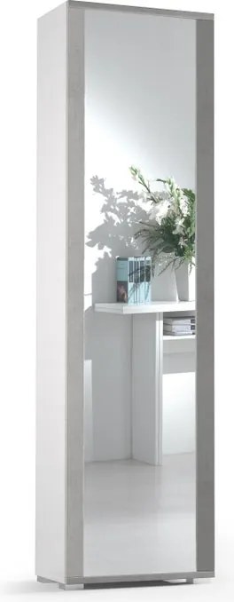 Scarpiera TERRANEO mobile multiuso con specchio 1 anta apertura battente, doppia profondità L 50 x H 182 x P 31 cm 14 paia, bianco e grigio cemento
