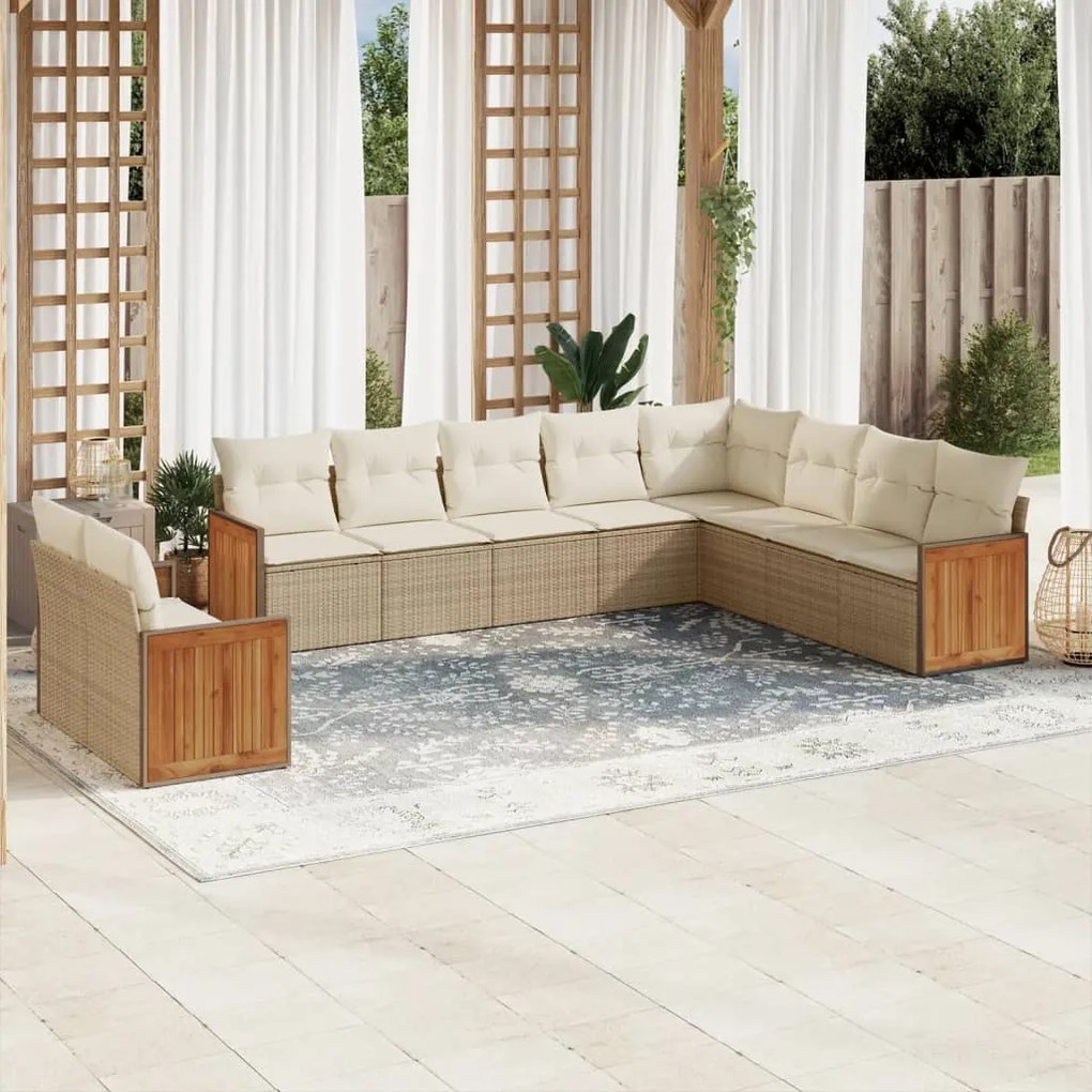 Set Divano da Giardino 10 pz con Cuscini Beige in Polyrattan