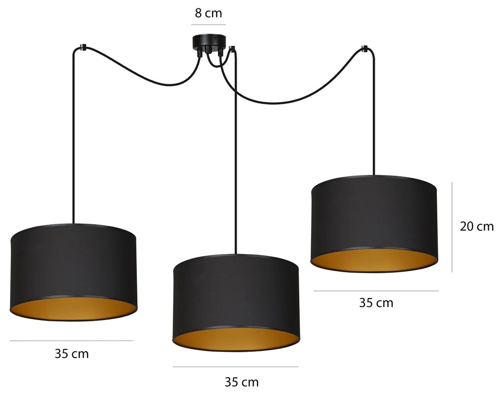 Sospensione 3 Luci Roto Con Paralumi A Cilindro In Tessuto Nero E Oro
