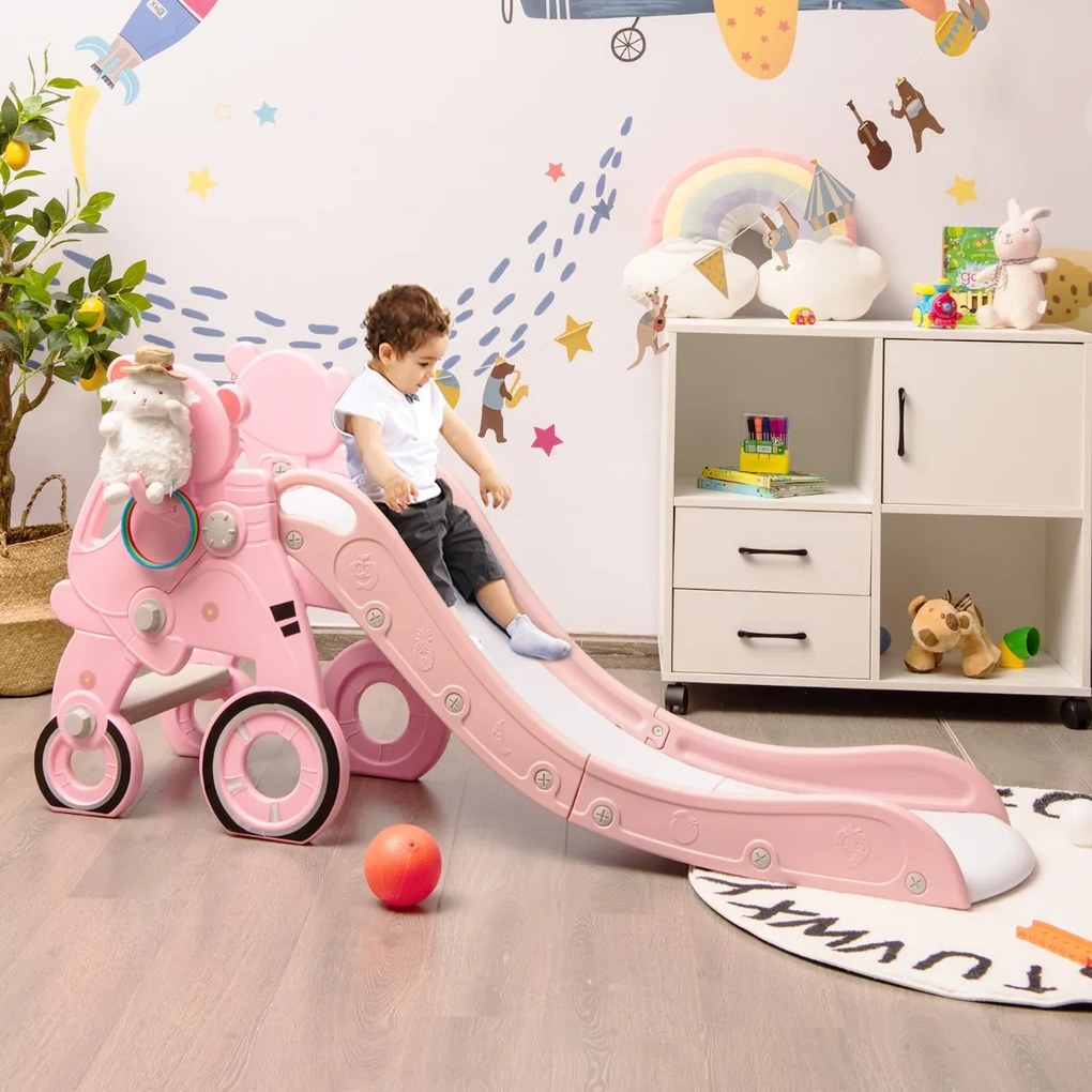 Costway Scivolo 3 in 1 per bambini con canestro e anelli per interno, Scivolo pieghevole a forma di orsetto Rosa