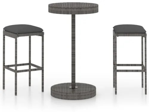 Set Bar da Giardino 3 pz con Cuscini in Polyrattan Grigio