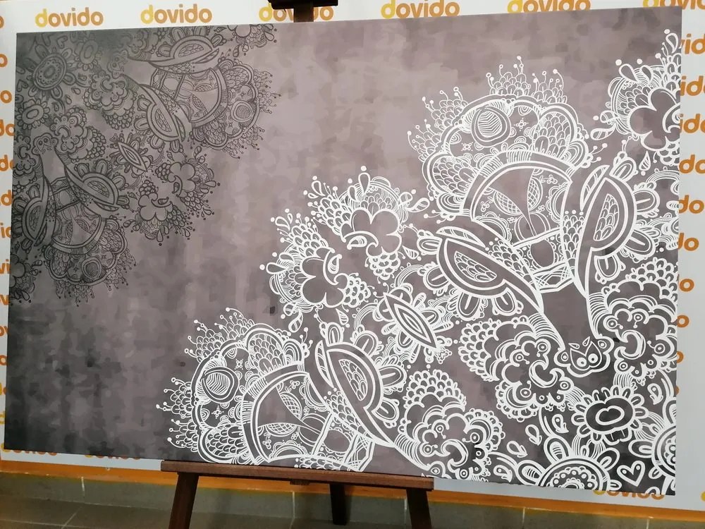 Stampa su tela – Elementi di Mandala floreale in bianco e nero