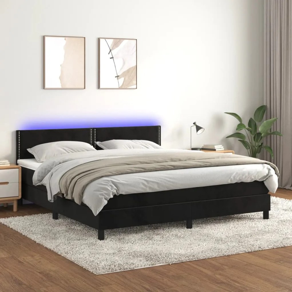Letto A Molle Con Materasso E Led Nero 160x200 Cm İn Velluto /