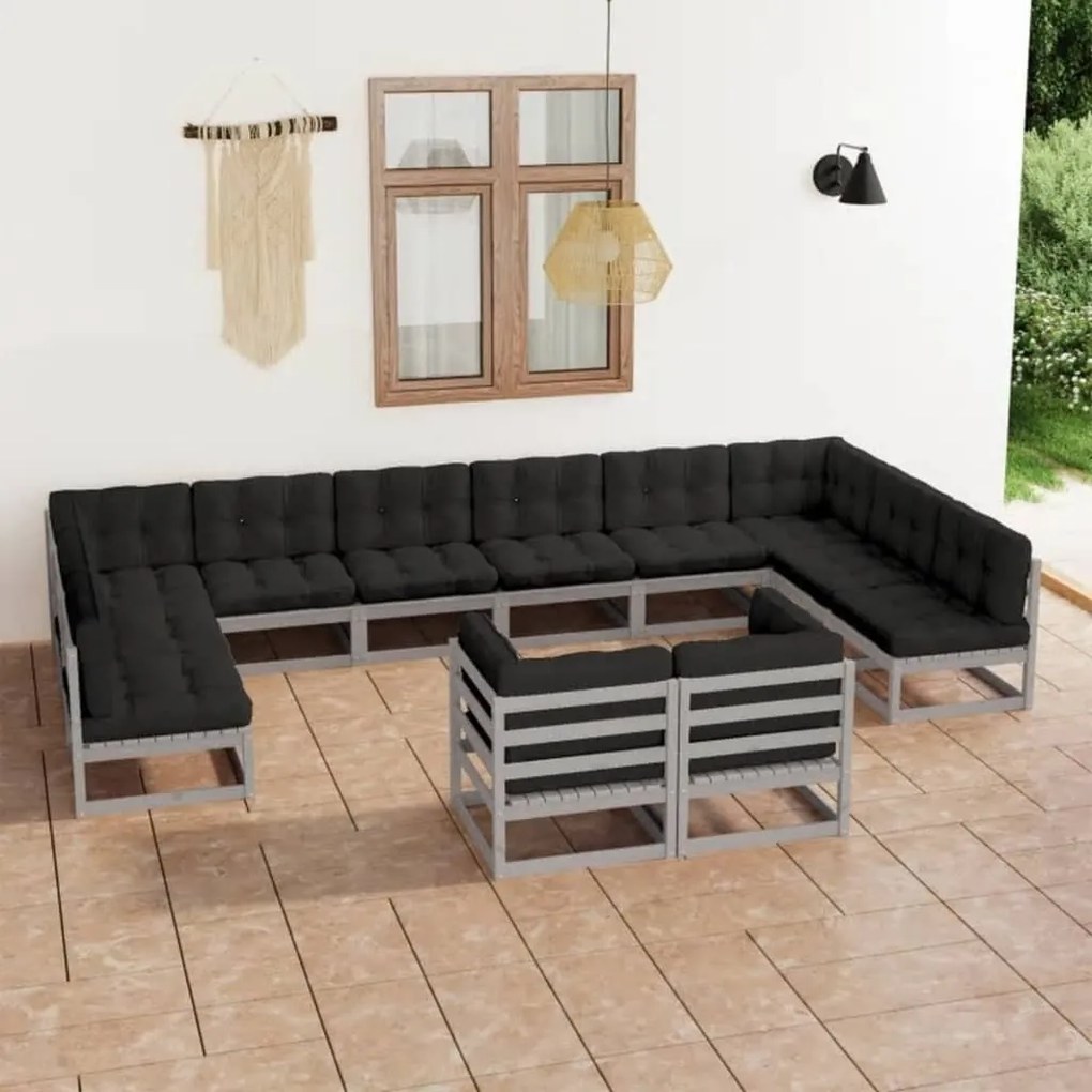 Set Divani da Giardino 12pz con Cuscini Grigio Massello di Pino