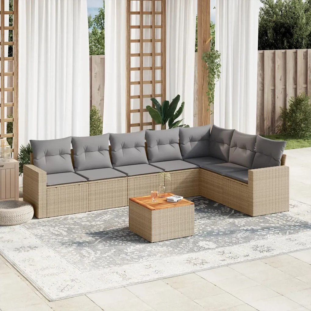 Set divano da giardino 8 pz con cuscini beige misto polyrattan