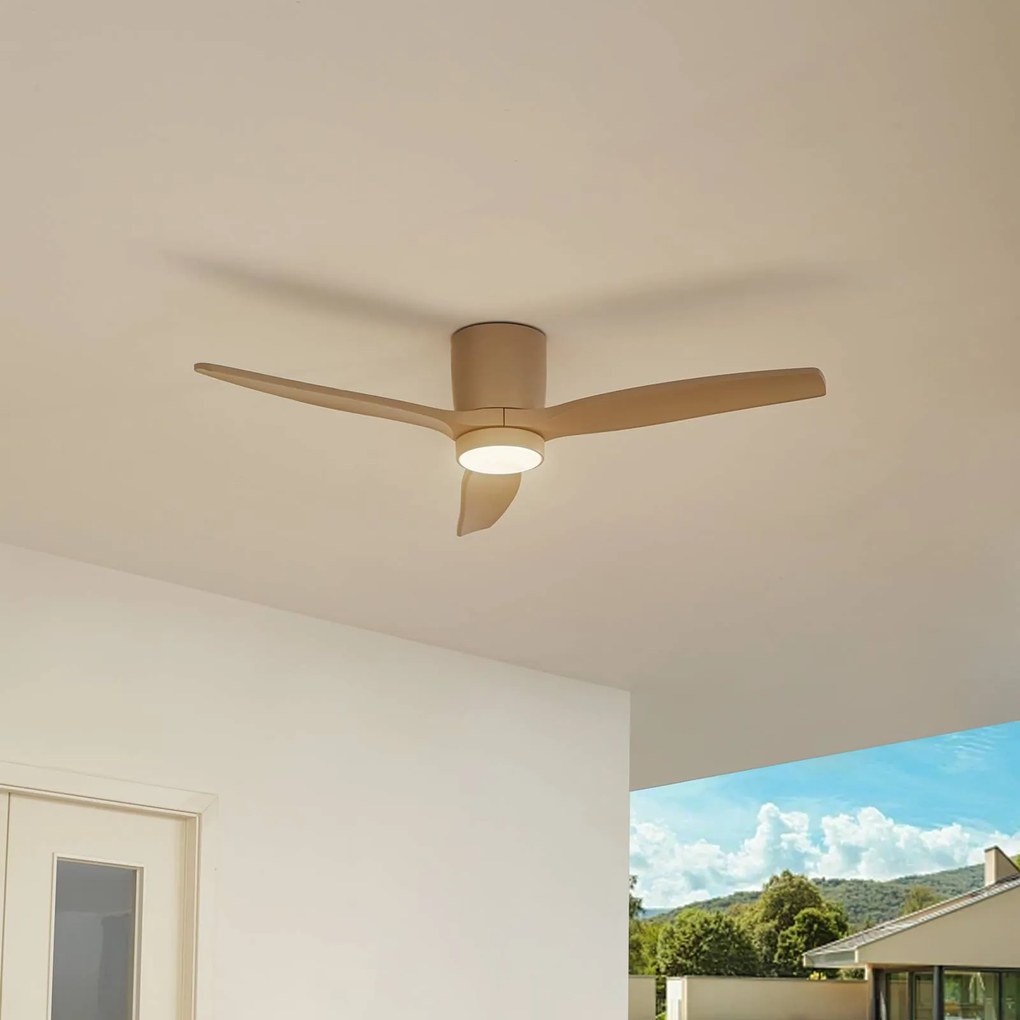 Lucande Ventilatore da soffitto LED Sorin, beige, DC, silenzioso, IP44 Sorin, Crema / Ambra, Soggiorno / Sala da pranzo, Metallo, Moderno