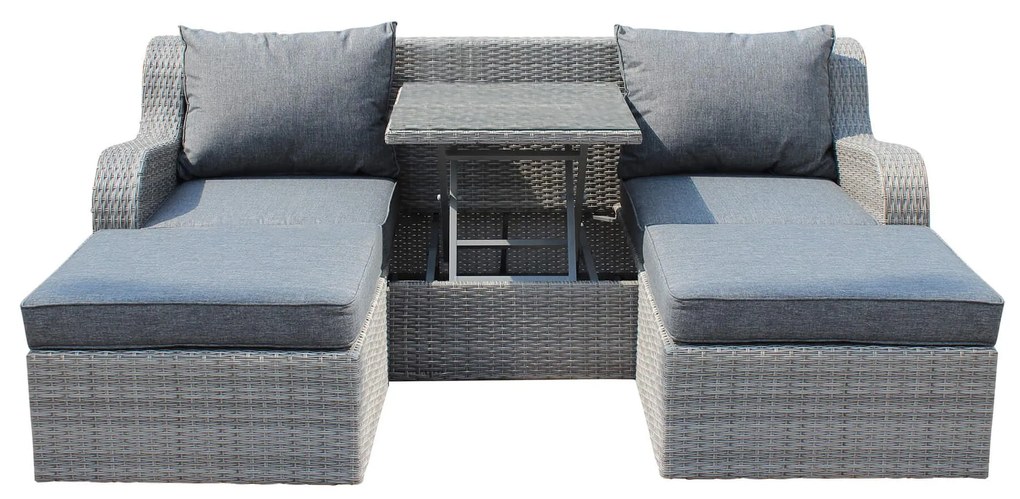 GRANDIS - divano da giardino con 2 pouf completo di cuscino intreccio in rattan sintetico